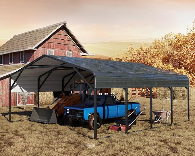 20x20 FT Heavy Duty Metal Carport, 2-Car Garage with Structural Reinforcement, Galvanized Steel Roof, Ground Anchors, 120lbs/Sq.Ft Snow/Wind Resistant Carports, Fits Pickups, Trucks, RVs, Boats