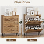 32" W Farmhouse Shoe Storage Cabinet with 2 Flip Drawers and Barn Door Design, Adjustable Shelves, Hidden Slim Narrow Shoe Rack Cabinet for Entryway, Foyer, Hallway, Living Room, Rustic Walnut