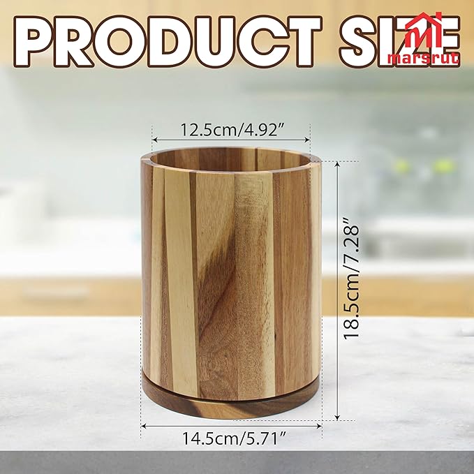 Marsrut Acacia Wood Utensil Holder 360°Rotating 7.3'' Large Wooden Spoon & Cooking Tool Caddy for Kitchen Countertop Crocks Organizer, Brown Rustic Farmhouse Decor, Modern Flatware Storage Essential