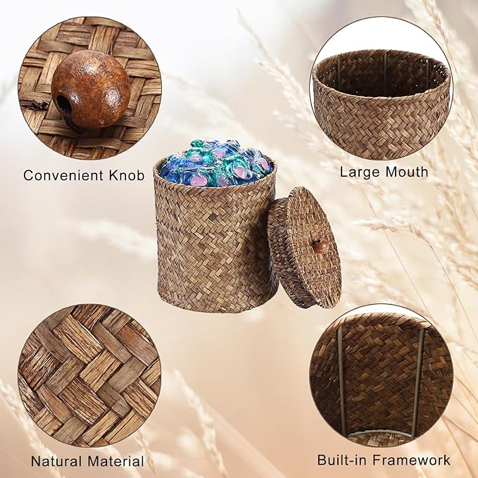 Sumnacon Wicker Laundry Pods Container with Lid, Natural Seagrass Pod Holder for Laundry Room Organization, Farmhouse Detergent Dispenser, Countertop Storage Basket Jars for Dryer Ball Laundry Sheets