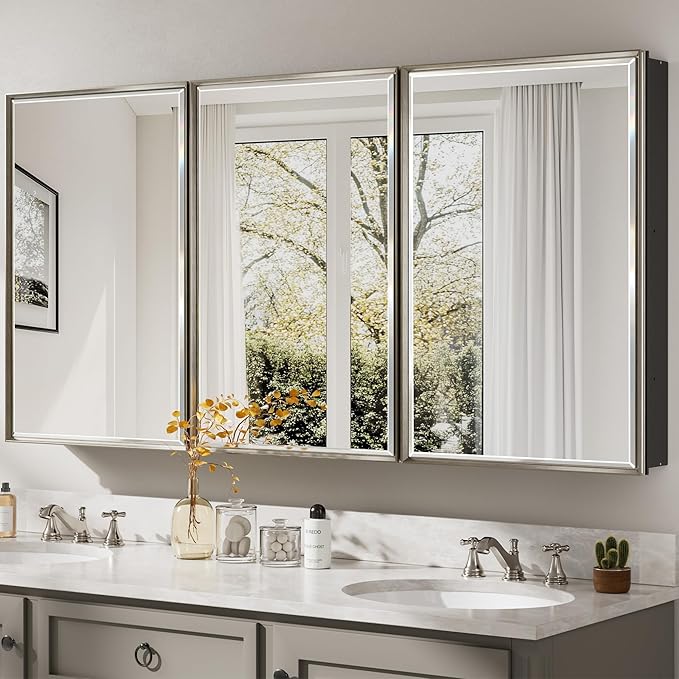 Pre-Assembled Surface or Recessed Medicine Cabinet Mirror-60x30 Brushed Nickel Bathroom Medicine Cabinet with Mirror & Rustproof Aluminum Frame, Beveled Bathroom Vanity Mirror with Storage