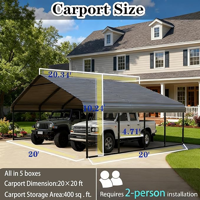 Heavy Duty Metal Carport Galvanized Steel All Weather Carport Canopy with Anchor Kit for RV Boat Truck Tractor Garage Shelter in 10x20 12x20 20x20 20x30 20x40 FT Easy Assembly Carports Kit (20x20 FT)