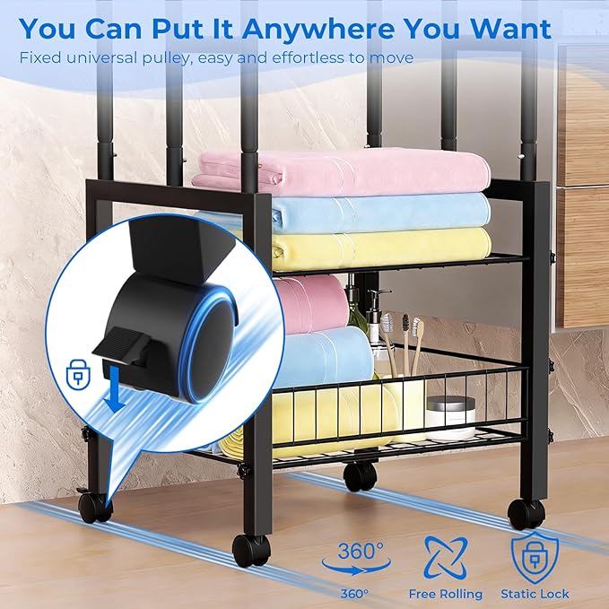 Kayfia 42.7" H Standing Towel Racks for Bathroom with Wheels, Upgraded Large Size 3 Tier Metal Blanket Rack Stand with Shelf and Basket, Storage for Oversized Bath Towels Bathroom Pool Accessories