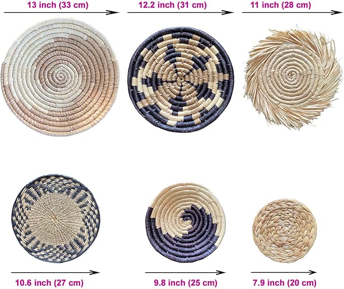Laquedecraft Boho Round Handmade Wall Basket Decor | Woven Seagrass Rattan Wicker Wall Decor Hanging Rustic Flat Elegant Wall Art for Farmhouse Living Rooms Bedrooms Display Table Settings Kitchen Home (Bohemian, 6)
