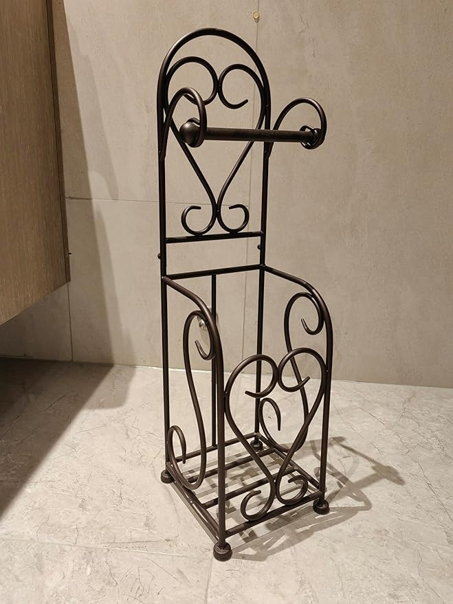 Toilet Paper Holder Free Standing with Storage for Mega Rolls, Scroll Bathroom Tissue Holder Stand, Metal, Bronze