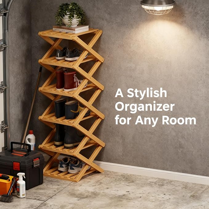 The 9-Tier No-Assembly Bamboo Rack, 2026 Upgraded Foldable Bamboo Shoe Rack, Space-Saving Organizer for Shoes, No Assembly Narrow Shoe Shelf for Entryway Closet Dorm (Nature,5-Tier)