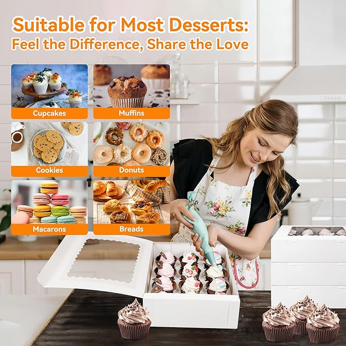 20-Set Cupcake Boxes Bulk with Clear Display Window Hold 12 Standard Cupcakes, Disposable Food Grade White Cupcake Carrier Cupcake Container, Perfect for Cupcakes Muffins Cookies Pastries
