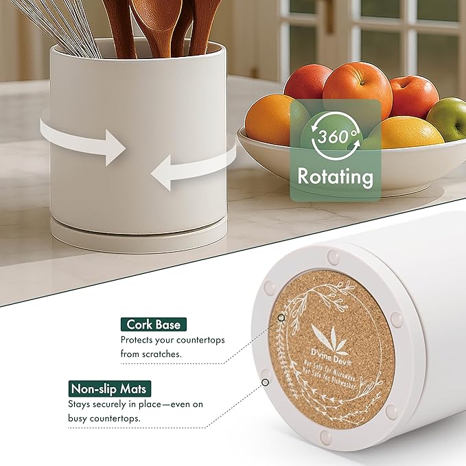D'vine Dev 360° Rotating Utensil Holder – 7.2" Kitchen Utensil Crock for Countertop, Modern Cooking Tool Organizer for Kitchen Storage & Décor, Oatmeal, 72-X-D-2