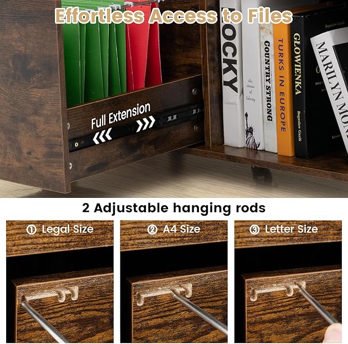 Giantex 3 Drawer File Cabinet, Office Storage Cabinet Fits Files Letter, A4, Legal Size, Rolling Printer Stand with Adjustable Shelf, Office Organization and Storage, Lateral Filing Cabinet (Brown)