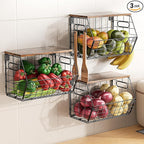 Delamu Stackable Metal Fruit Basket with Wood Lid 3 Pack, Hanging Wall Organizer for Kitchen Counter, Pantry Storage for Onions, Potatoes, Garli, Fruits, Spices, Black