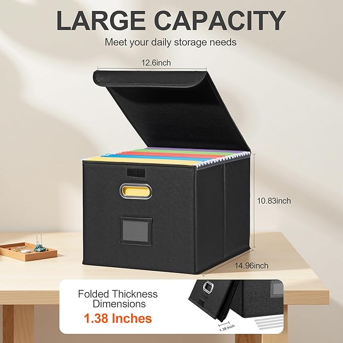 Collapsible File Box with Lid & Plastic Slide - Hanging Document Organizer for Office/Home, 14.96x12.6x10.83 Inch,Decorative Home File Bin,Black, 1 Pack (No Folders Included)