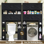 Over The Toilet Storage Cabinet, Farmhouse Storage Over Toilet with 4 Barn Doors & Adjustable Shelf, Space Saving Bathroom Organizer with Toilet Paper Holder Stand for Bathroom, Laundry, Rustic Black