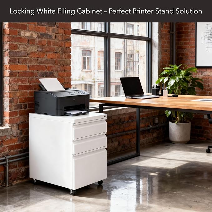 Mount-It! 3 Drawer File Cabinet with Lock and Wheels, Under Desk Storage Filing Pedestal for Home Office, No Assembly Small Rolling File Cabinet for Legal, Letter, and A4 Files in White