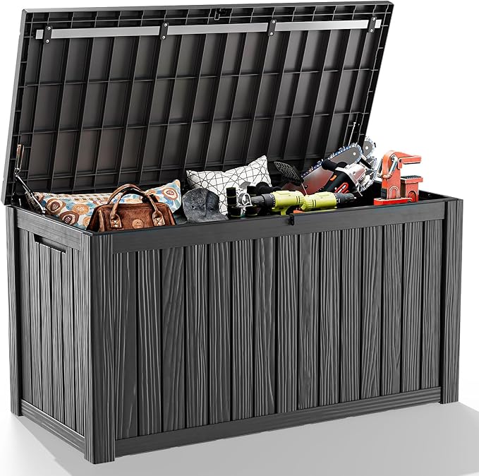 180 Gallon Outdoor Waterproof Resin Storage Deck Box Lockable Outside Bench UV Resistant Bin Patio Porch Furniture Pool Float Garden Tool Cushion Black