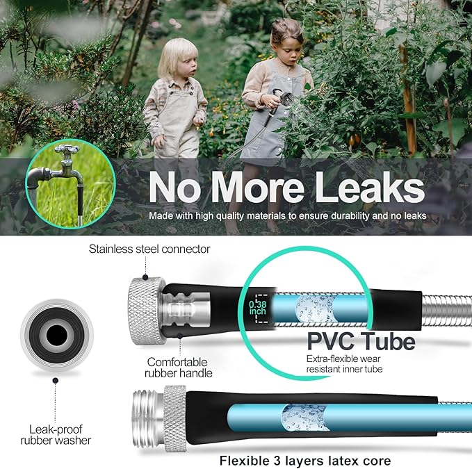 SPECILITE 200ft 304 Stainless Steel Garden Hose Metal, Heavy Duty Water Pipe with Nozzles for Yard, Outdoor - Flexible, Never Kink & Tangle, Puncture Resistant (Sliver)