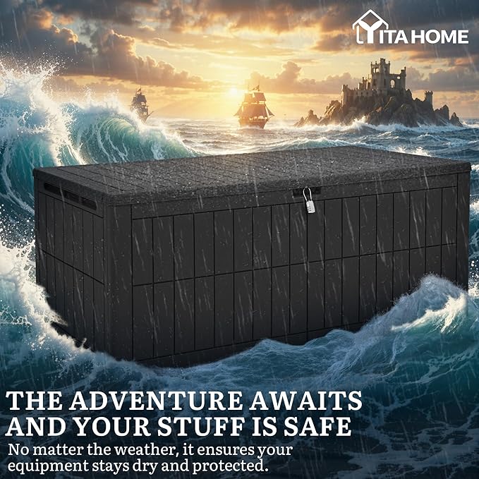 YITAHOME 200 Gallon Large Outdoor Storage Box XL Resin Deck Box with Lock, Waterproof Patio Furniture Bin and 3-Person Bench Seating for Garden Tools & Pool Accessories, Black