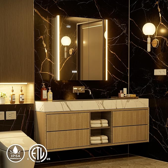 36x30 Fogless Lighted Medicine Cabinet Mirror with Lights & Smart Night Lamp -Surface or Recessed Medicine Cabinet Mirror with Outlet & Clock,Dimmable LED Storage Mirror,Built-in Sensor Light