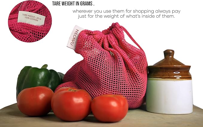 100% Cotton Set of 6 Reusable Fridge Storage Bags | Eco-friendly Natural Cotton Vegetable Bags with Drawstring Closure in Onion Pink