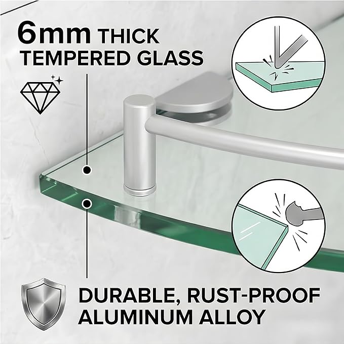 Glass Corner Shelf for Bathroom Corner Shelf, 3 Pack Tempered Glass Shelf with Electroplating Silver Metal Rails，Suitable for Bathroom
