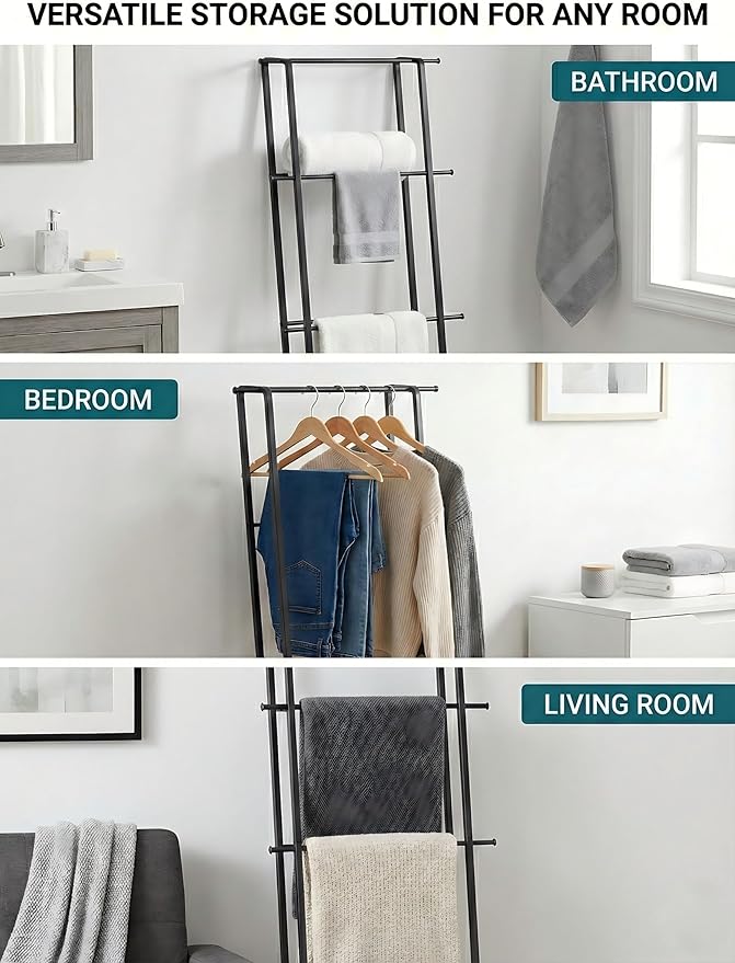 Metal Leaning Ladder Towel Rack, 4-Tier Blanket Stand for Bathroom Living Room, No Drilling Quilt Storage Organizer (Matte Black)