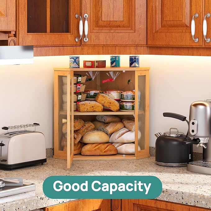 Corner Bread Box for Kitchen Counter, Bamboo Wood Large Capacity Bread Storage Bin with Acrylic Wavy Door Panel (Natural, Extra Large)