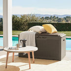 Flamaker Deck Box with Cushion 98 Gallon Waterproof Resin Storage Box with Air Rod Indoor Outdoor Lockable Storage Bench for Patio Furniture, Tools, Pool Accessories (Brown)