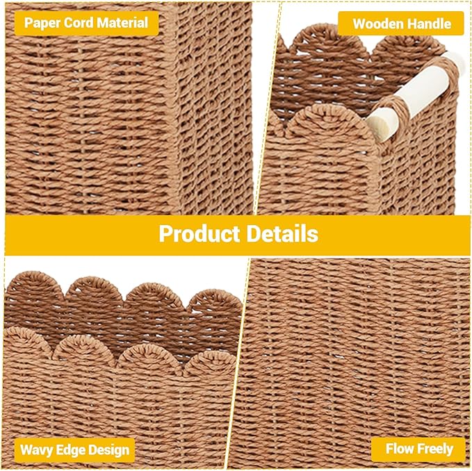 Garvee 2-Pack Scalloped Wicker Baskets for Organizing, Woven Paper Rope Storage Bins with Handles, Toilet Paper Basket Decorative for Countertop, Shelf, Bathroom, Tank Top