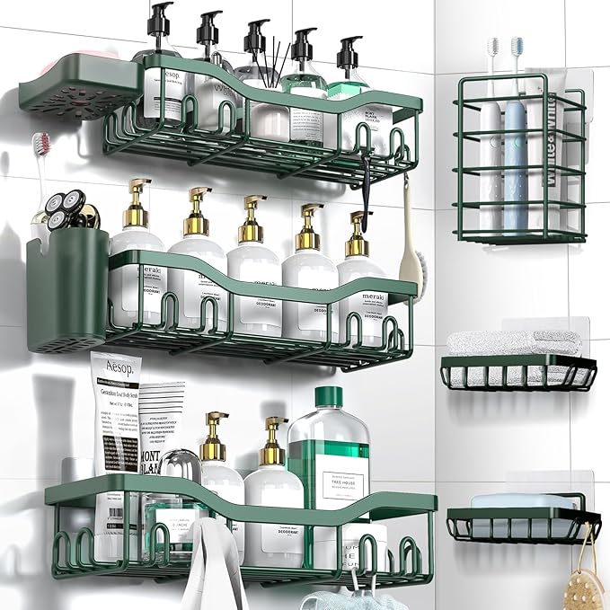 Shower Caddy Adhesive Shower Organizer 8-Pack, Rustproof Stainless Steel Bathroom Shelves, Large Capacity No-Drill Rack Storage Accessories with Soap Dish Toothbrush Holder Hooks