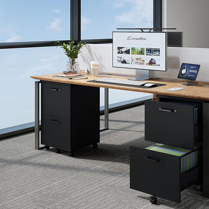 Sweetcrispy 2 Drawer Filing Cabinet Black, Rolling Wood File Cabinets with Printer Stand Under Desk Storage Lockable Wheels, Home Office Organizer