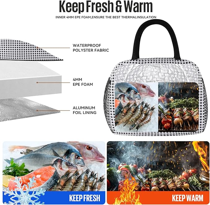 Lunch Bag Women/Men Lunch Box Women/Men (Black+White Grid)