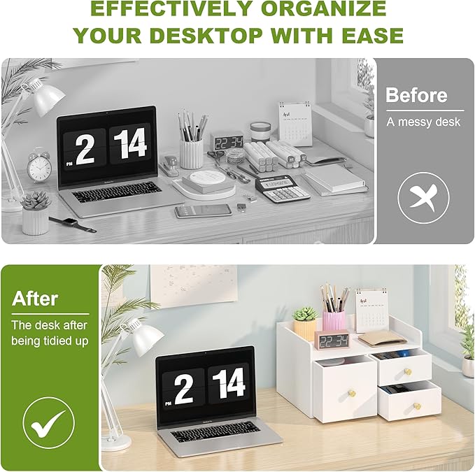 Bamboo Desk Organizer with Drawers Wooden Desktop Storage Drawers for Bills Office Supplies Kitchen Utensils Organizing Tool for Home Classroom Organization No Assembly (White, 3 Drawer)