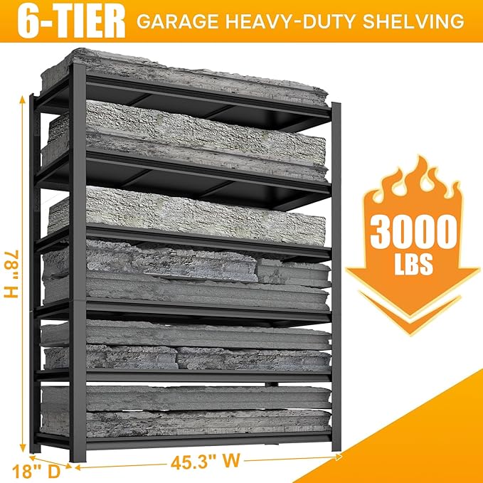 6 Tier Extra Tall & Wide Heavy Duty Garage Shelving, Metal Shelving Unit, Adjustable Garage Storage Shelves for Warehouse, 45.3" W x 18" D x 78" H