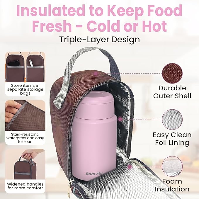 2 Pack Soup Thermo for Hot Food for Adults, Insulated Food Jar, Stainless Steel Vacuum Thermal Lunch Box Containers with Carry Bag and Spoon (18.5oz, 27oz) (Pink)