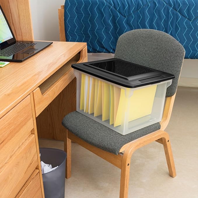 Sterilite File Box, Stackable Storage Bin with Lid, Organize Receipts, Bills, Taxes and Papers in the Home, Office, Clear Base with Black Lid, 12-Pack
