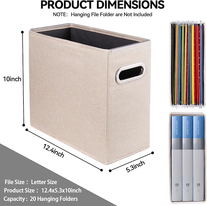 6 Pack Letter Size File Storage Box Collapsible，Fabric Hanging File Folders Organizer, Portable Office Document Holder with Metal Handle, Smooth PVC Rails, Beige