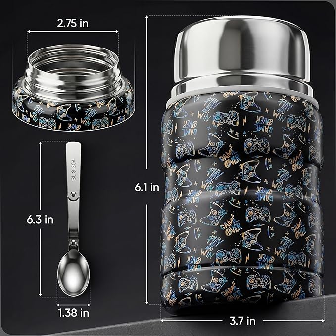 Earth&ME 17 OZ Soup Thermo for Hot & Cold Food for Kids, Vacuum Insulated Steel Lunch Container, Kids Wide Mouth Bento Thermal Food Jar, Warm Food Lunchbox Thermo Bowls with Spoon (Black Gamepad)