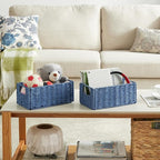 Vagusicc Wicker Storage Basket, Set of 2 Hand-Woven Paper Rope Wicker Basket, Small Storage Baskets for Organizing Toilet Paper, Foldable Large Cube Storage Organizer Bins for Shelves (Blue)