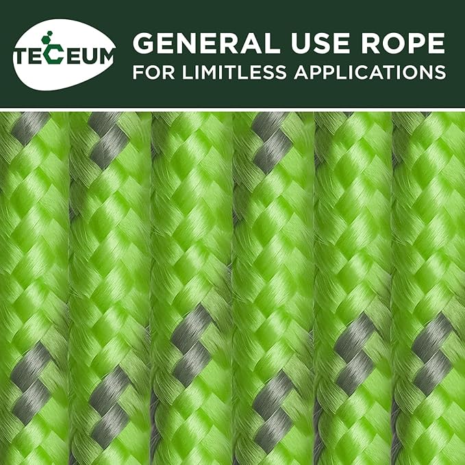 TECEUM Rope – 150 Feet x 1/4 Inch (7mm) – Green Gray – Strong All-Purpose Utility Rope – Camping, Crafting, Flag Pole, Indoor & Outdoor – Polypropylene Nylon Poly Lightweight Diamond Braided Cord