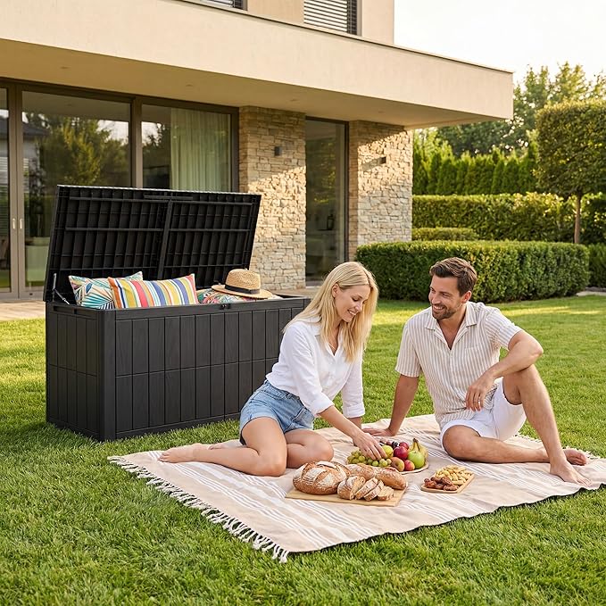 UDPATIO 100 Gallon Deck Box, Outdoor Storage Box Lockable Waterproof Resin, Indoor Outdoor Storage Container for Patio Cushions, Garden Tools,Package Delivery Boxes for outside