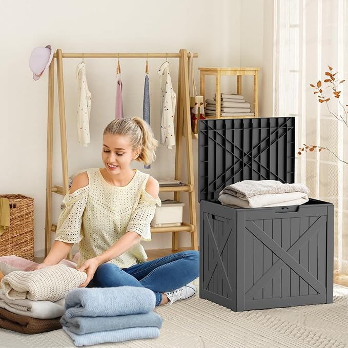 Vixzen 32 Gallon Waterproof Resin Deck Box, UV Resistant Outdoor Storage for Garden, Patio, Porch, Delivery（Black，32 Gallon）