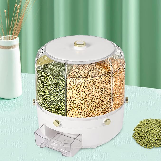 360° Rotating Grain Dispenser, Countertop 6 Compartment Dry Food Storage Containers Rice Storage Container Kitchen Airtight Food Storage Kitchen Countertop Organizer for Small Grains Beans