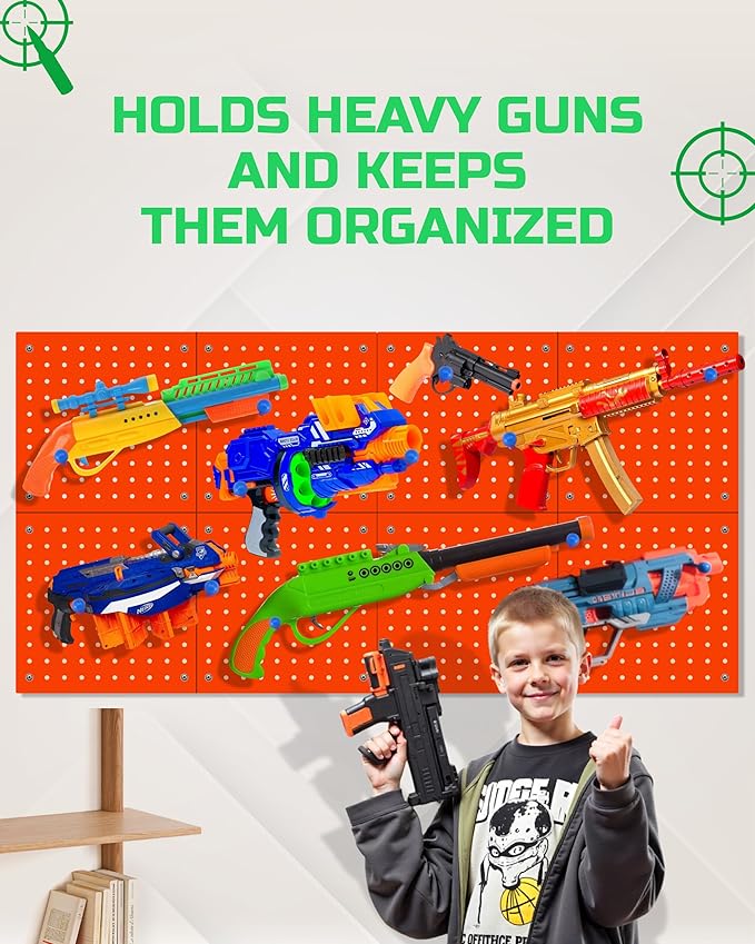 Skywin 2 Pack Wooden Pegboard Wall Organizer for Nerf Gun 13 x 13 x 0.31 Inches, Hanging Wall Pegboard Holder Compatible with All Blasters Nerf Gun Rack Organizer for Wall Organization (Orange)