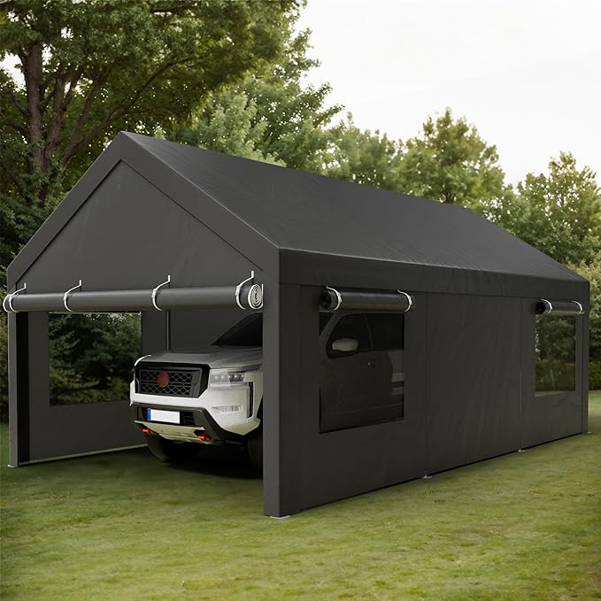 Shintenchi Carport 10' x 20' Heavy Duty Portable Garage, Carport Canopy with Side-Opening Door & Roll-Up Windows, Car Canopy for Truck,Car,Grey