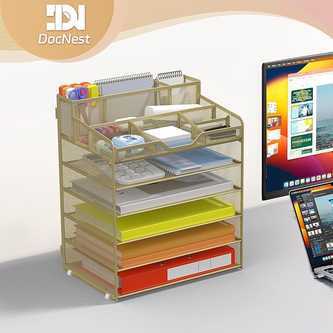 Docnest 6 Tier Mesh Desk Organizer for Paper Office Supplies – Multi-Functional Letter Tray with 5 Adjustable Compartments, 8 Pen Holders, Desktop Storage for Files, Mail, Stationery – Gold
