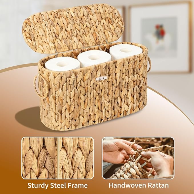 Toilet Paper Storage Basket with Lid, Water Hyacinth Slim Toilet Paper Holder - Holds Up to 6 Mega Rolls, Wicker Basket for Bathroom Organization, Natural