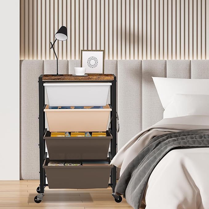 Rolling Cart with Drawers, Rolling Storage Cart with Large Plastic Drawers & Wooden Tabletop, Utility Cart with Pegboards & Basket, Storage Drawers Cart for Living Room, Classroom, Bedroom, Office