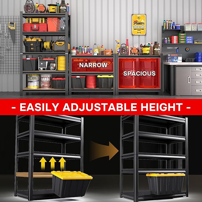 Heavy Duty Shelving 5-Tier, Garage Shelving Unit (72" H X 40" W X 18" D) Adjustable Black Metal Storage Shelves, Ideal for Garage, Basement, Pantry & Warehouse, Black, 3000LBS Capacity
