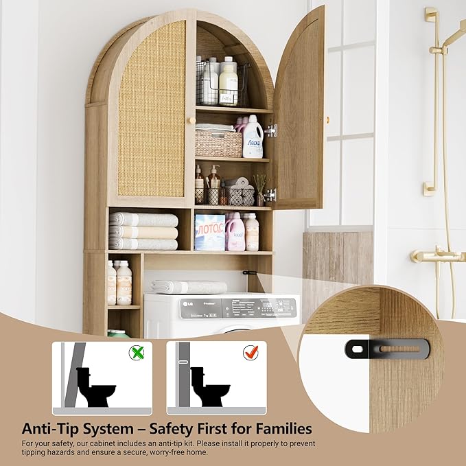 Over The Toilet Storage Cabinet, 29.7”W Modern Storage Cabinet Over Toilet with Rattan Doors, Arched Freestanding Over Toilet Rack with Adjustable Shelf for Bathroom, Nature