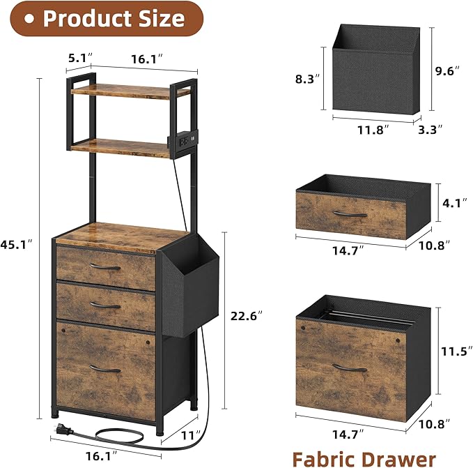 3 Drawer File Cabinet with Charging Station, 45''H, 3-Tier Filing Cabinet for Home Office, 11''*16'' for Small Printer, Fabric Drawer Fits Letter/A4, Tall Printer Stand, Rustic Brown