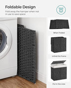 SONGMICS Laundry Hamper with Lid, 110L Clothes Hamper with 2 Removable Liner Bags, 6 Mesh Bags, Wicker Laundry Basket, Double Laundry Hamper for Laundry Room, 13 x 22.4 x 23.6 Inches Black ULCB52BK